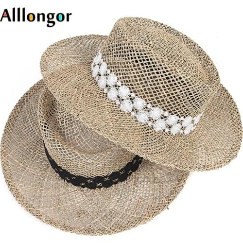 Natural Straw Hat For Women Lace Ribbon 2021 Summer Jazz Fedora Wide Brim UV Protection Ladies Sunhat Shade Beach Sun Hats