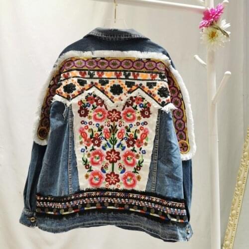 Jastie National Style Vintage Women Jacket Patchwork Flower Embroidery Sequined Long Sleeve Spring Autumn Denim Jacket Coats