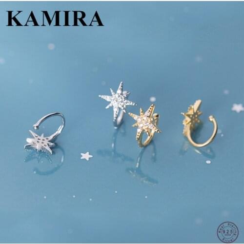 KAMIRA 925 Sterling Silver Bohemian Star Sunshine Zircon Ear Clip Earrings for Women Kids Gothic Charms Without Piercing Jewelry