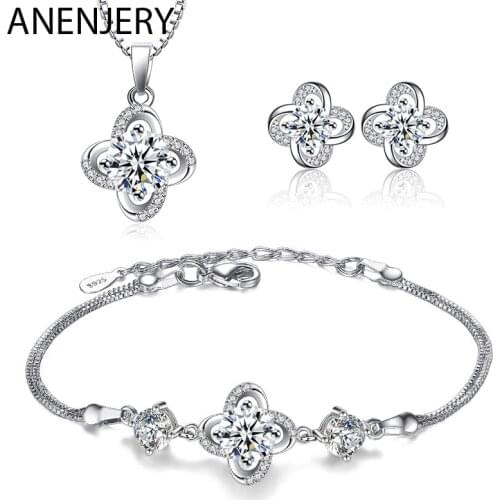 ANENJERY 925 Sterling Silver Jewelry Sets For Women Forever Love Twist Flower Zircon Necklace+Earrings+Ring Wedding Jewelry