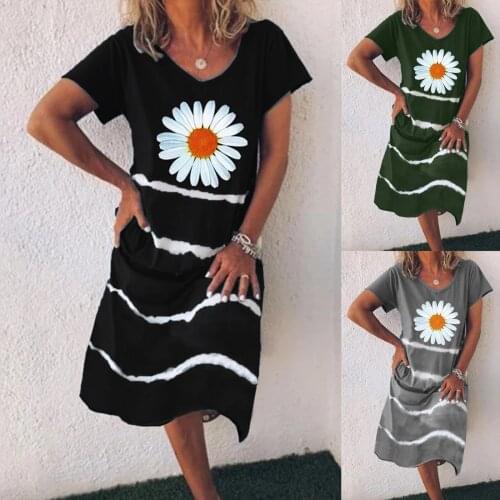 Women Fashion Round O-Neck Short Sleeves SunFlower Print Casual Style Dress Ladies Stripe Knee Length Dresses Robe Outfits