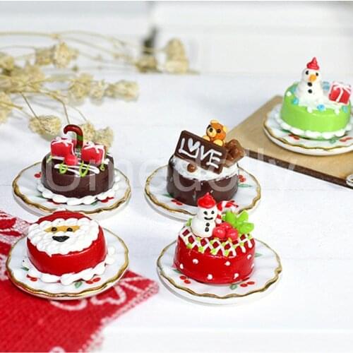 1PCS 1/12 Miniature Dollhouse Mini Chirstmas Cake + Dish Food for BJD Doll House Kitchen Festival Decorations Accessories Toy