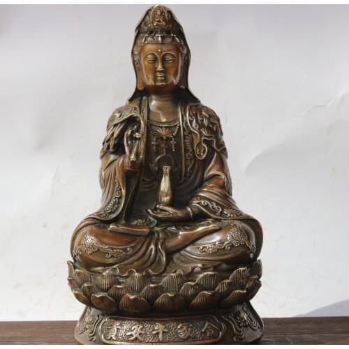 10"Tibet Buddhism Old Bronze Safe Guanyin Bodhisattva statue Sitting Buddha Avalokitesvara Buddha Amitabha Enshrine the Buddha