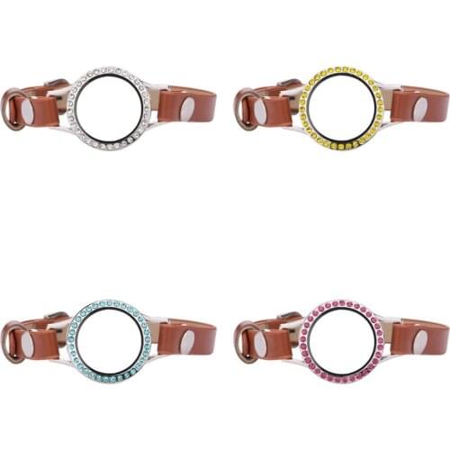 5pcs/lot 30mm Different color crystals Locket 23cm Brown Single Wrap PU Leather Locket Bracelets Wristband With 50pcs Charms
