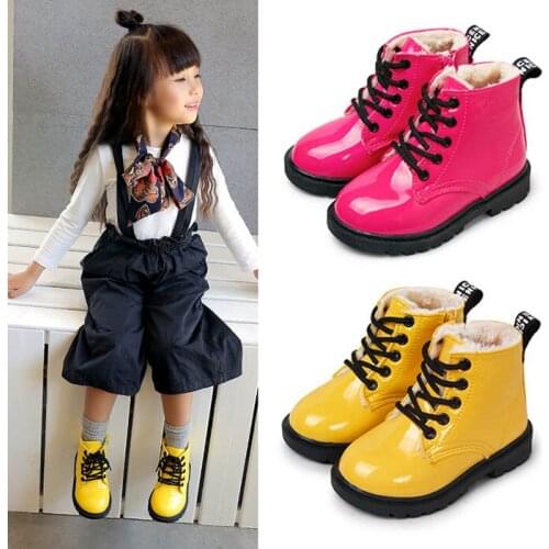 Patent leather Waterproof winter snow boots fur lining Children short ankle round toe lace up Kids Girls work Boots princess