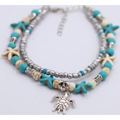 Sea Turtle Starfish Anklet Turquoise Stone Jiao Shi Bohemia Geometric Europe and America Bohemian Style Double-layer Beach Women