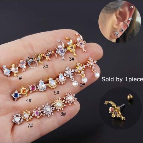 1 Piece 20Gauge 6mm Barbell Earrings Stainless Steel Helix Tragus Pinna Piercing with Multicolor Zircon