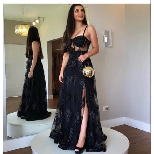Black Evening Dress A-Line Sweetheart Floor Length Side Slit Spaghetti Strap Lace Appliques Backless Elegant Party Prom Gown