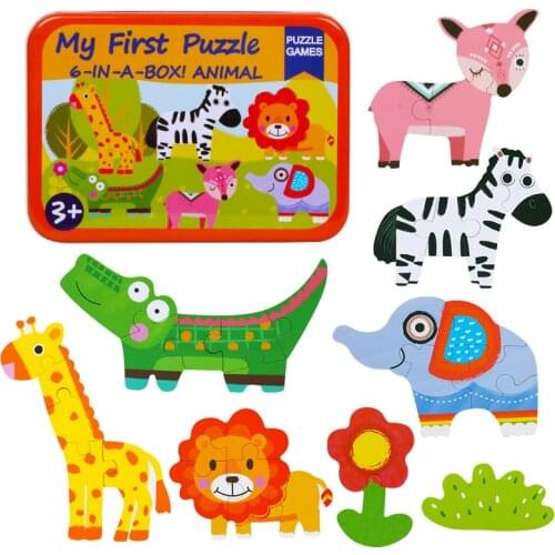 Children toys 6 in 1 box Puzzle Jigsaw Wooden Toys Cartoon Animals Traffic Puzzles Tangram Kids Educational Toy for Children