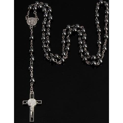 6mm Hematite Rosary Long Chain Bead Necklace Male Ms. Prayer Catholic Rosary Jesus Christ Cross Pendant Jewelry