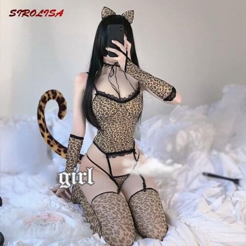 Erotic Lingerie Sexy Women Lace Leopard Print Suspender One-piece Garter Wild Cat Anime Cosplay Temptation Uniform Suit