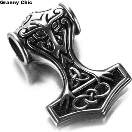 Granny Chic Mens High Quality Silver Stainless Steel Hot Sell Fashion Silver Vintage Mjolnir Thors Hammer Pendant