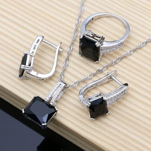 Women Sterling Silver 925 Jewelry Black Stone White Crystal Jewelry Sets Party Accessories Earrings/Pendant/Ring/Necklace Set