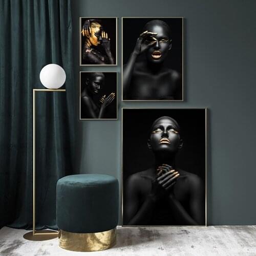 Black Gold Silver Nude African Art Woman Painting on Canvas Cuadros Posters and Prints Scandinavian Wall Picture for Living Room