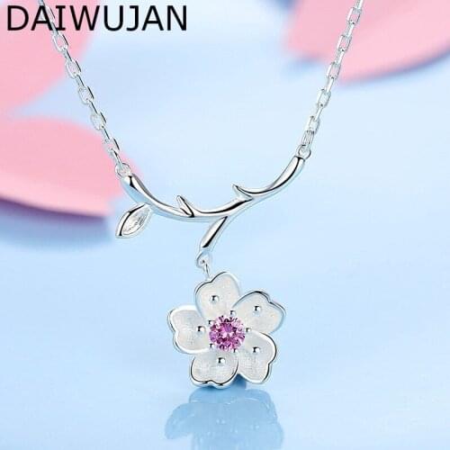 DAIWUJAN Korean Pink Crystal Flower Pendant Necklaces For Women Girl Sweet Cherry Blossoms Chain Necklaces 925 Silver Jewelry