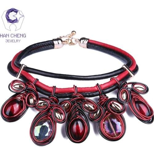 HanCheng New Fashion Leather Rope Handwork Bead Created Crystal Choker Necklace Women Necklaces Statement collar jewelry bijoux