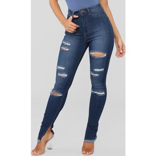 2021 Spring/Summer New Products Ladies Jeans High Waist Thinning Stretch Solid Color Holes Womens Denim Skinny Pants WS93