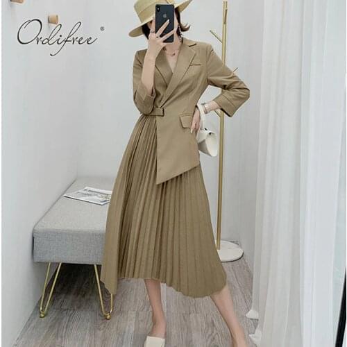 Ordifree 2021 Autumn Elegant Lady Office Midi Dress Formal Work Plus Size Women Pleated Dress Large Size Clothes M-4XL