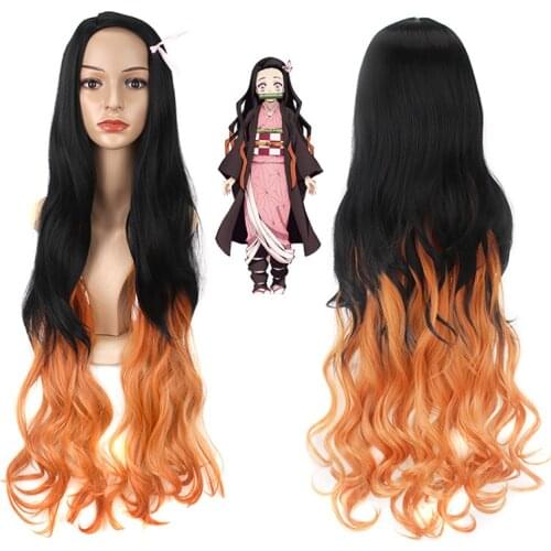 Demon Slayer Cos Wig Kamado Nezuko Black Gradient Orange Long Curly Hair Color Matching Ladies Wig Any Face Anime Role Playing