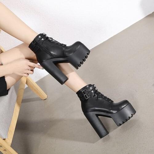 Sexy Rivet Black Ankle Boots Women Platform Soft Leather Autumn Winter Ladies Boots With Zipper Ultra High Heels Shoes 14cm