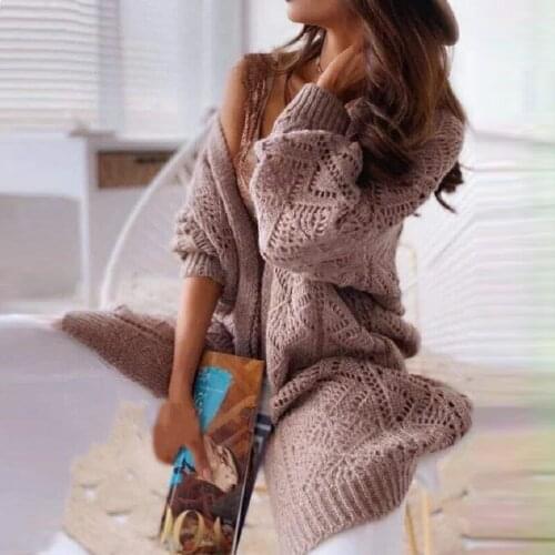 Casual Women Long Sleeve Knitted Cardigan Sweater Autumn Warm Loose Coat Sweater 2021 Office Female Hollow Out Outwear Sweater