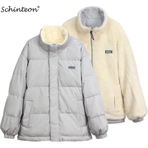 Schinteon Women White Duck Down Jacket Two Side Wearing Lamb Wool Short Coat Casual Thick Winter Warm Outwear New 2021