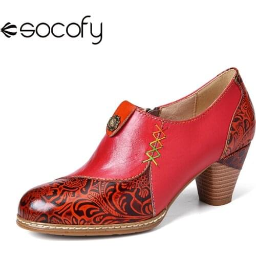 SOCOFY Retro Leather High Heel Beaded Flower Embossed Stitching Zipper Mid Heel Pumps Women Casual Shoes Botas Mujer 2020
