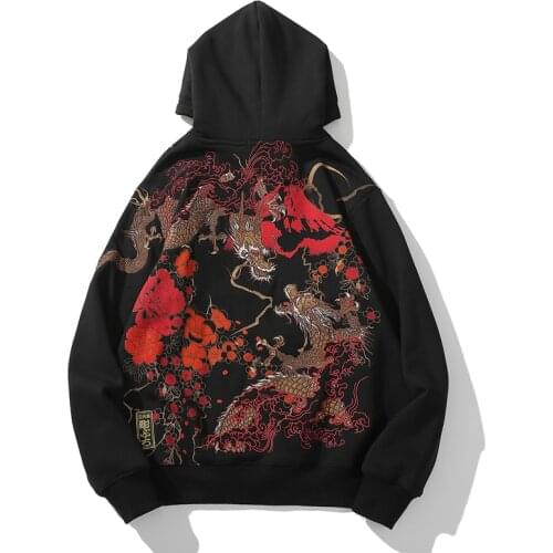 Chinese style embroidery hoodie loose trend autumn and winter clothes plus velvet thick casual Japanese Yokosuka mens clothing