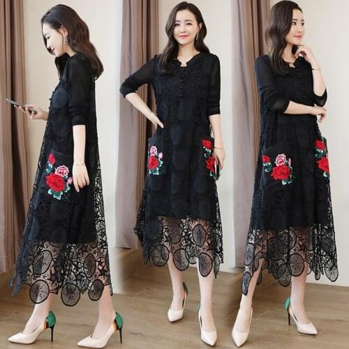 Spring Vestidos Womens Heavy Industry Embroidery V-neck Dress Mid-length Mother Dress Women Big Swing Lace Dresses Mujer A918