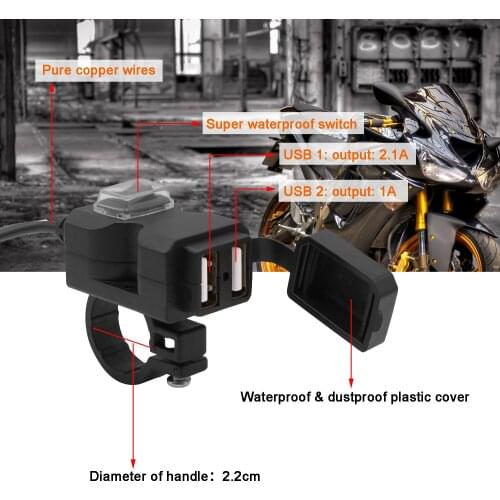 Dual USB Port 12V Waterproof Motorbike Motorcycle Handlebar Charger 5V 1A/2.1A Adapter Power Supply Socket for Phone Mobile
