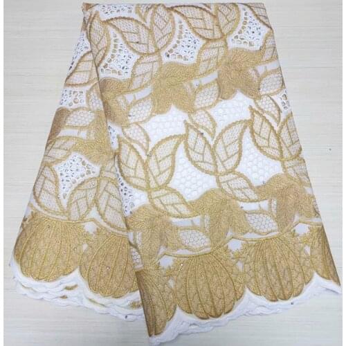 High Quality African Nigerian Tulle Lace Fabric Wedding Party Dress Cotton Embroidery Swiss Golden White 2.5Yards Latest