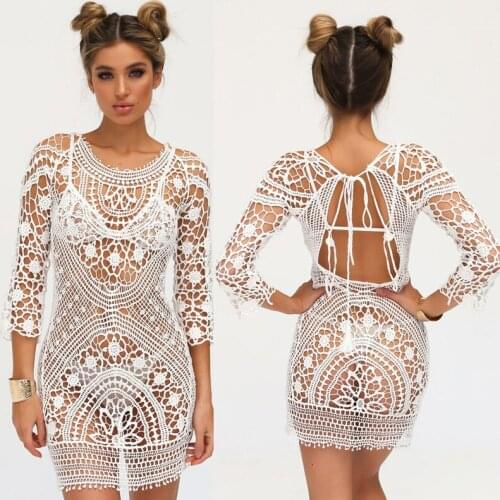 Hirigin Fashion Womens White Swimwear Cover-Ups Long Sleeve Round Neck Backless Lace Crochet Bikini Outerwear for Beach Travel