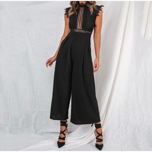 Sexy Lace Hollow Out Womens Jumpsuit Rompers Sleeveless Backless Black White Overalls 2020 Summer Wide Leg Ruffles Playsuits