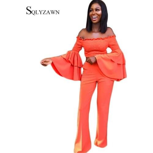 Women Sexy Off Shoulder Ruffle Sleeve Crop Top and Flare Pants Two Piece Co ord Suit Elegant Black Orange Yellow Matching Outfit