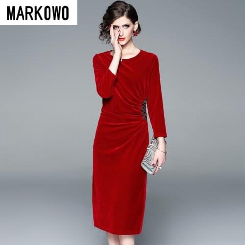 MARKOWO Designer Brand 2020 womens new round neck velvet beaded red lady style dress banquet solid color dress skirt