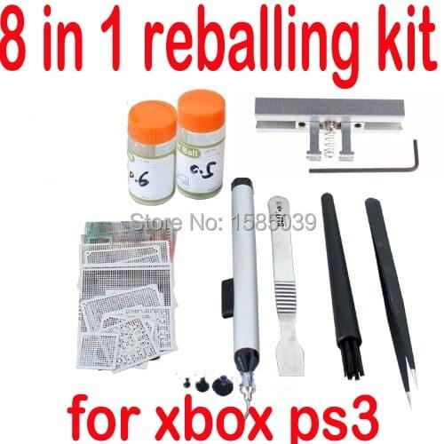Free shipping 8pcs stencils bga reballing kit for xbox ps3 chip reballing repair 8 in 1 game consoles repari tools kit