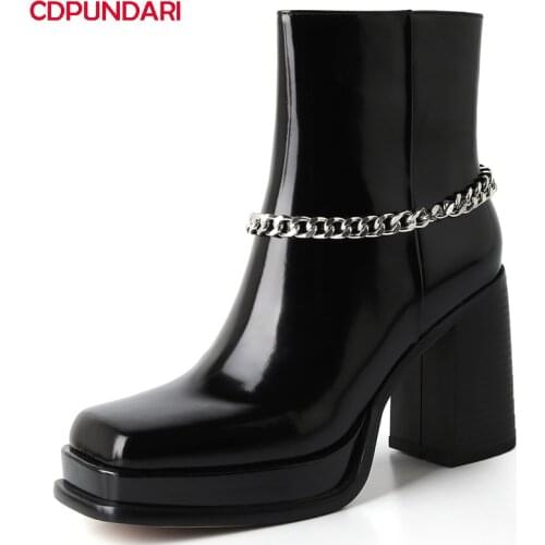 Ladies Black Genuine Leather High Heels Platform Ankle Boots Women Autumn Winter Chain Punk Short Boots Shoes Bottes Plateforme