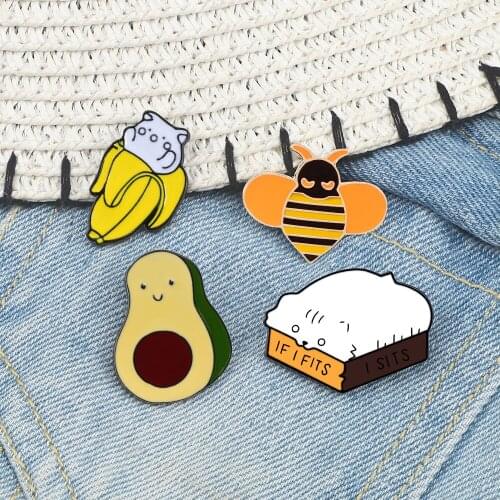 Cartoon Avocado Bread Banana Cat Bee Enamel Pins Cute Animals Fruits Badge Brooches Shirt Lapel Pin Jewelry Gift For Kid Friends