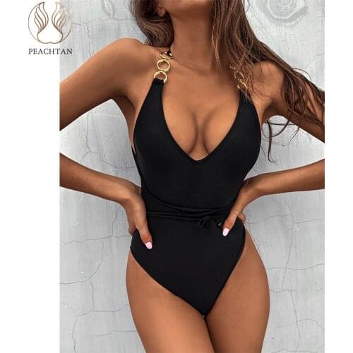 Peachtan Chain one piece swimsuit women V-neck swimwear female Solid monokini Lace up bodysuit Sexy bathing suit beach wear 2021