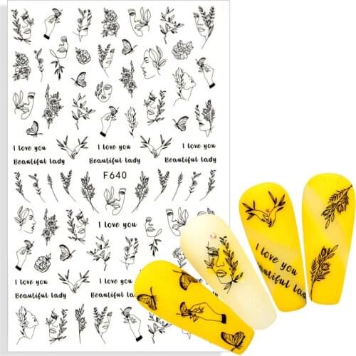 Black Flower Nail Slider 3d Sticker Abstract Lady Face Wrap Adhesive Decals for Nail Art Designs Manicure Decor Accessories