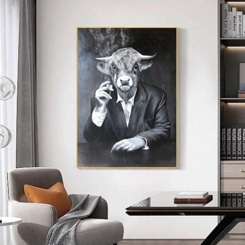 Black and White Smoking Animal Canvas Painting Wall Art Posters and Prints Animals Pictures for Living Room Decor Unframed