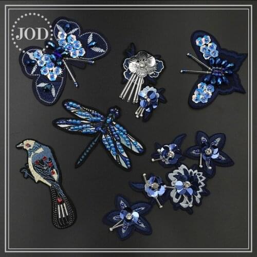 JOD Embroidery Beaded Patches for Clothing Sewing on Clothes Patch Applique Accessories Bird Flower Butterfly 3D 2018 Navy Badge