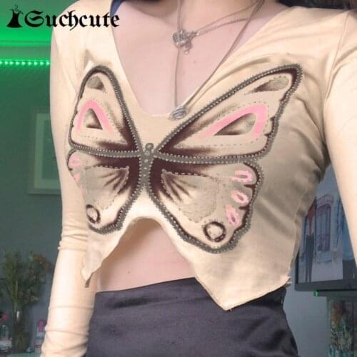 SUCHCUTE Butterfly Print Women V Neck Crop Top Harajuku Aesthetic Sexy Casual T-shirt Kawaii Long Sleeve Streetwear Female Tee