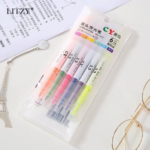 LITZY 6pcs Kawaii Double Head Highlighter Pen Journal Marker Pens for School Office Stationery Student Drawing Art Supplies