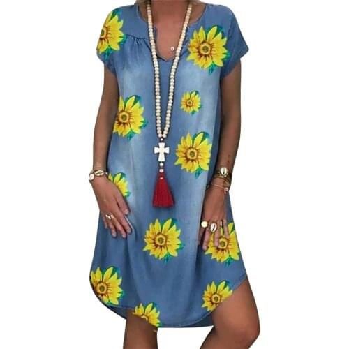 Fashion Women Dress Short Sleeve Chrysanthemum Print Irregular Hem Loose Denim Dress Womens Clothing vestido de mujer 2021