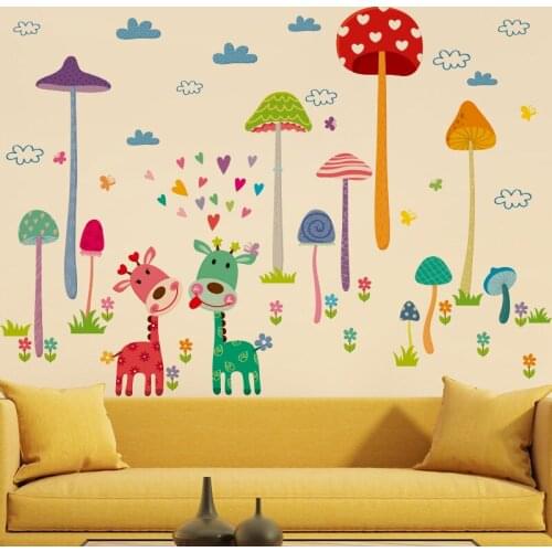 Cartoon Animal Forest Fawn Wall Sticker Mushroom Wall Decal Mural Wall Art Home Decor For Kids Boy Rooms Kindergarten Decoration