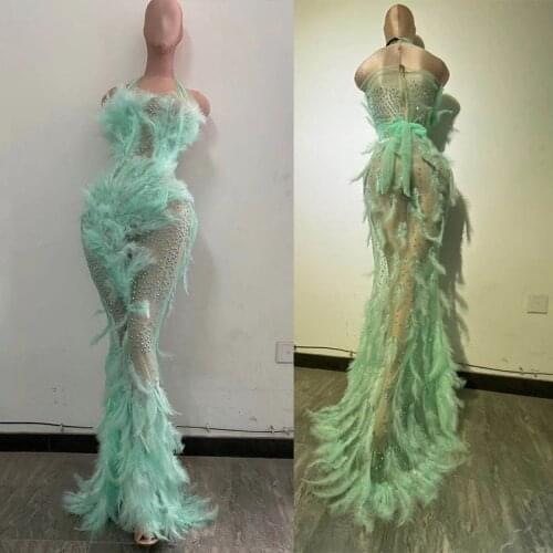 Nightclub Dress Green Feather Rhinestone Nude Clothes Female Singer Costume Celebrity Party Outfit Sexy See-Through Dress DB2165