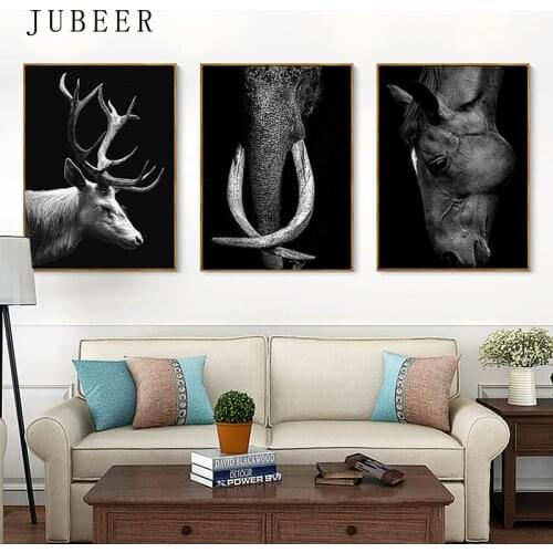 Nordic Minimalist Poster and Print Elephant Horse Deer Canvas Art Black and White Animal Decorative Painting for Living Room
