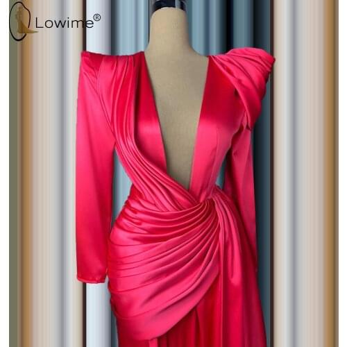 Simple Rose Red Long Sleeve Satin Evening Dresses 2020 Muslim Deep V Neck Ruched Floor Length Evening Gowns Vestido De Festa