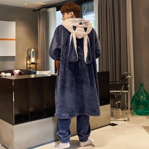 Sleeping Robe Male Winter Thickened Long Section Coral Fleece Pajamas Rabbit Warm Autumn and Winter Facecloth Bathrobe Set